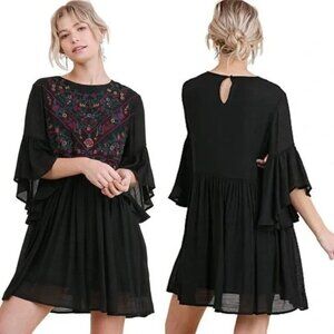Umgee Boho Bliss Black Floral Embroidered Tunic Dress Size L